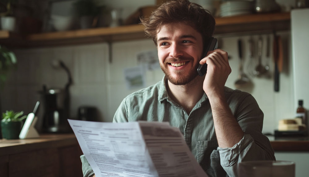 Man in kitchen on the phone, reviewing his free police report on a tablet