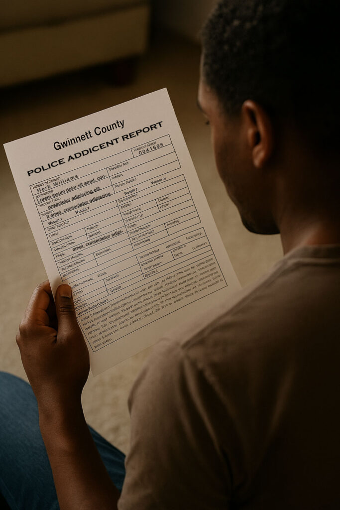 Person holding a Gwinnett County Police Accident Report form showing various information fields